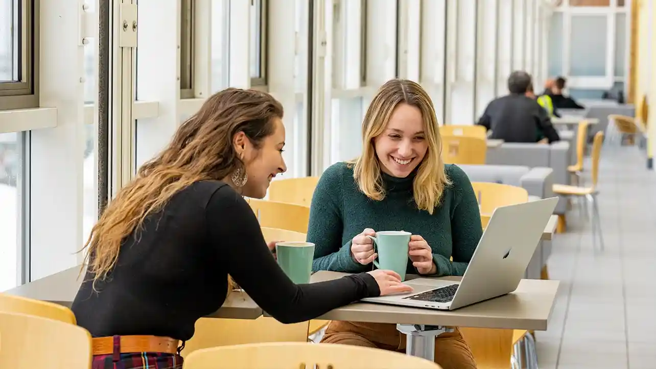 Two students sat opposite each other with laptops in front of them, having a discussion. Both of them are smiling.
