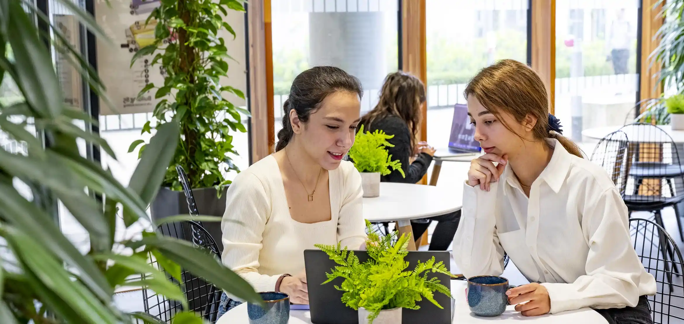 Two students sat at a round table, looking at laptops and holding coffee mugs.