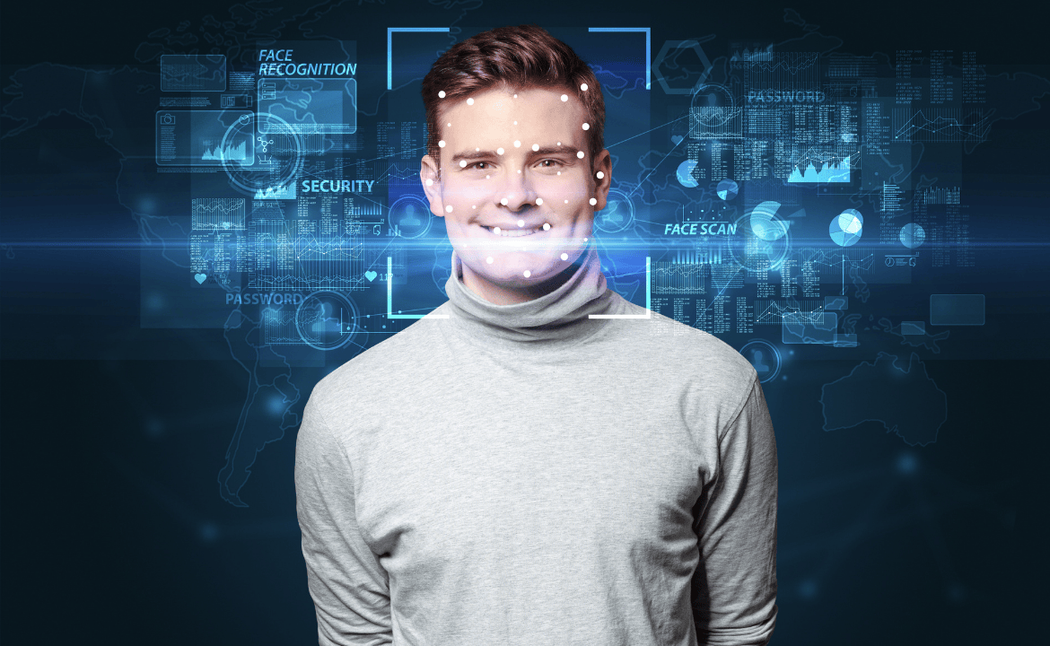 Man smiling at camera with futuristic overlay
