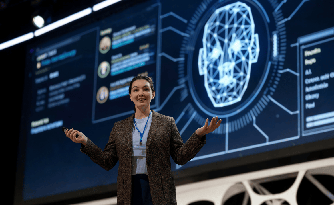 Woman giving a lecturer on artificial intelligence