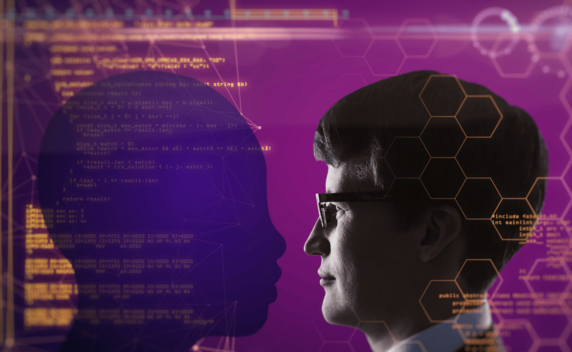 Stylised image of a man looking at a silhouette reflection with futuristic overlay