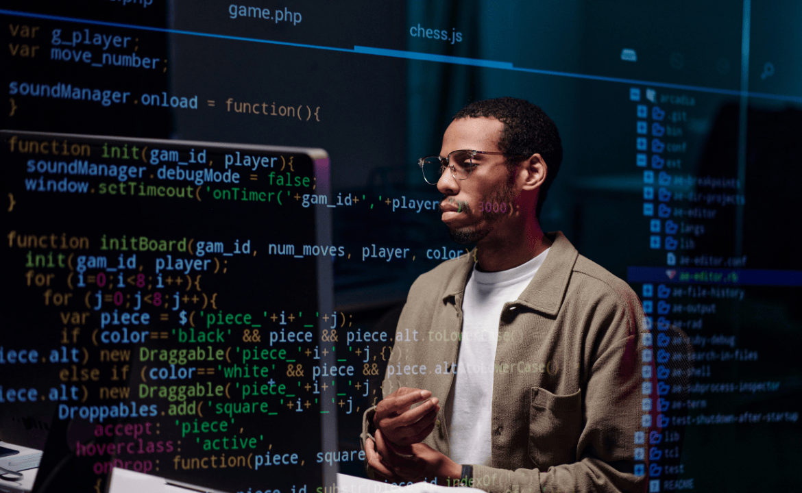 Male AI professional with stylised code background