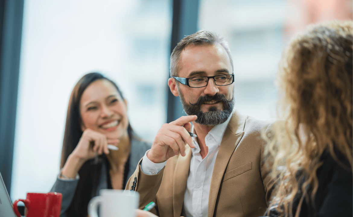 Three people in a discussion 
