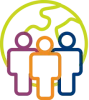 An outlined icon of silhouettes of three people standing next to each other in front of a globe